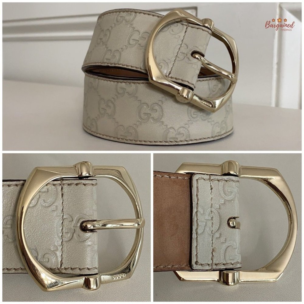 Authentic Gucci Cream GG Embossed Signature Leather Gold Pin Buckle Belt 85/34 - Picture 3 of 14